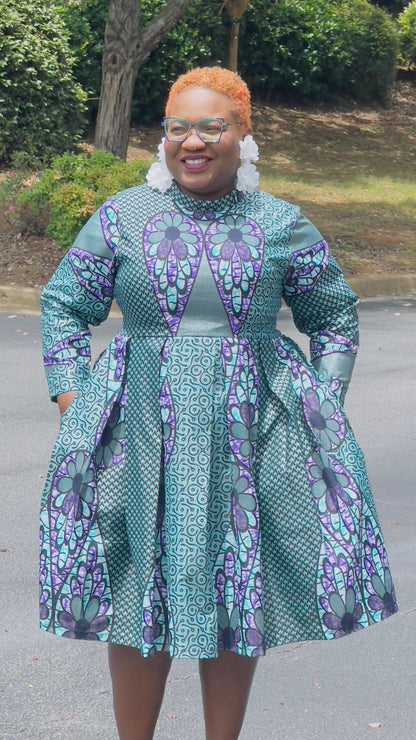 LIMITED EDITION Glitter Ankara Blue+Purple Ocean-Styled Women's Dress w/ Front Pockets