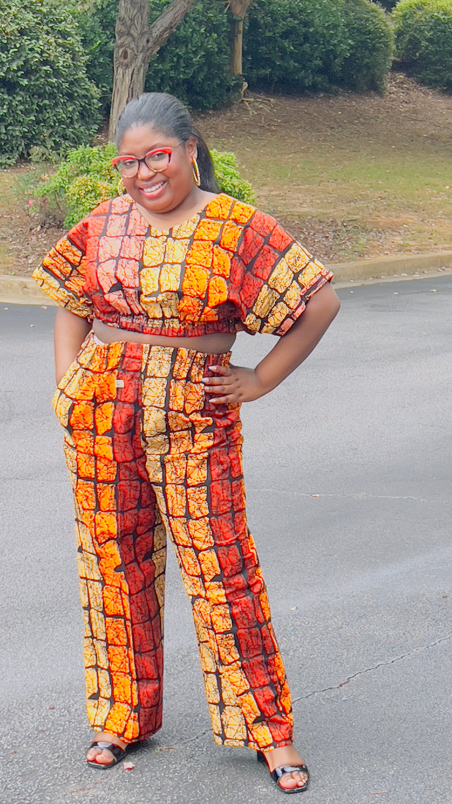 Women's Ankara Warm-Colored Abstract 2-Piece Set w/ Short Sleeves