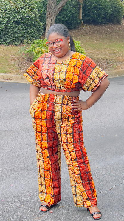 Women's Ankara Warm-Colored Abstract 2-Piece Set w/ Short Sleeves