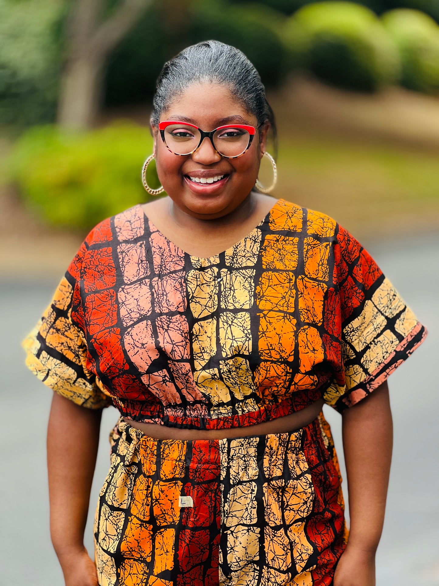 Women's Ankara Warm-Colored Abstract 2-Piece Set w/ Short Sleeves