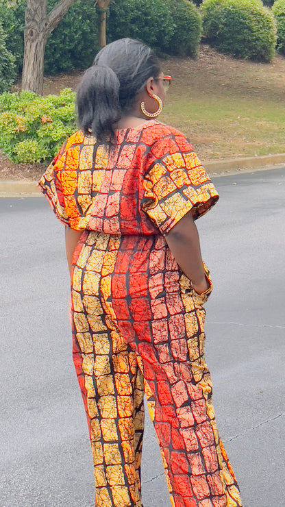 Women's Ankara Warm-Colored Abstract 2-Piece Set w/ Short Sleeves