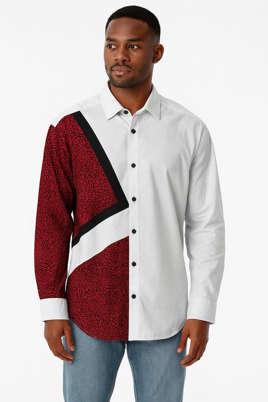 MEN'S White Long Sleeve T-Shirt w/ Red & Black Abstract Design