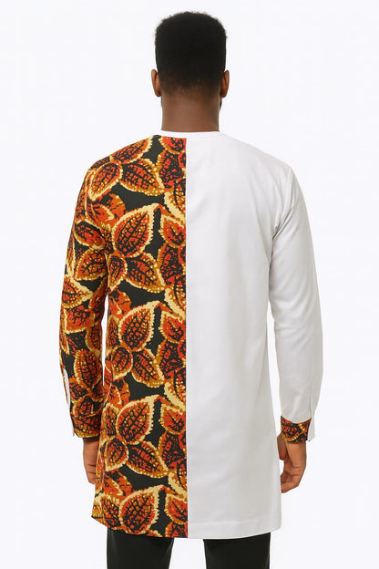MEN'S White Long Sleeve T-Shirt w/ Autumn-Colored Leaf Design