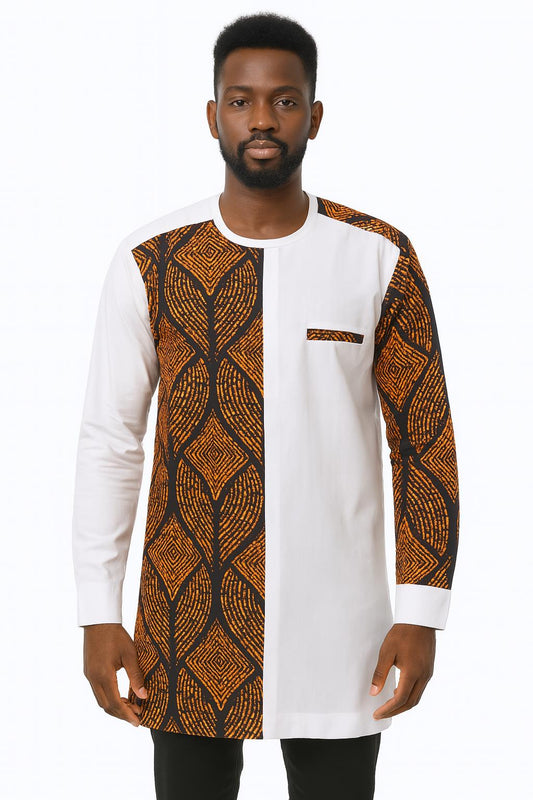 MEN'S White Long Sleeve T-Shirt w/ Black & Brown Striped Design