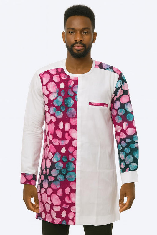 MEN'S White Long Sleeve T-Shirt w/ Pink & Green Blob Design