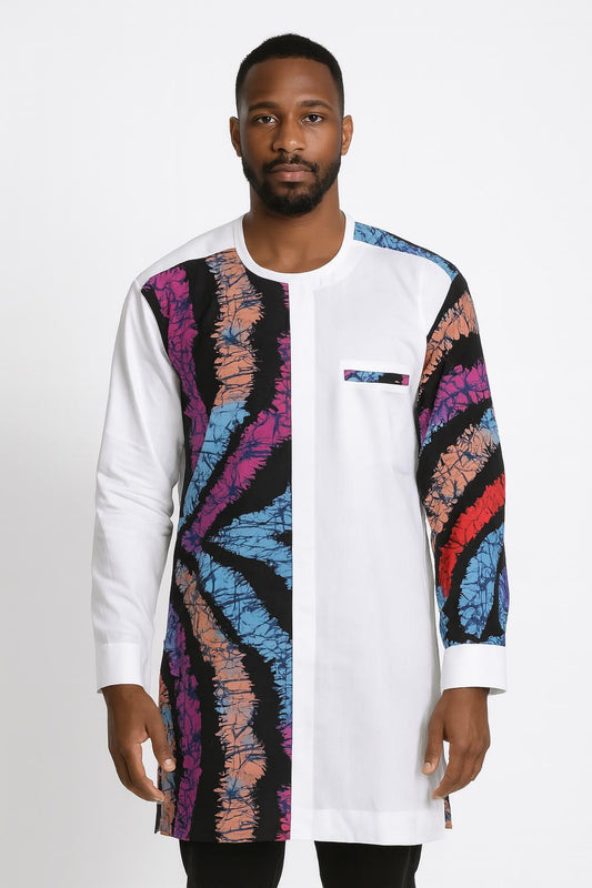 MEN'S White Long Sleeve T-Shirt w/ Multi-Colored Abstract Design
