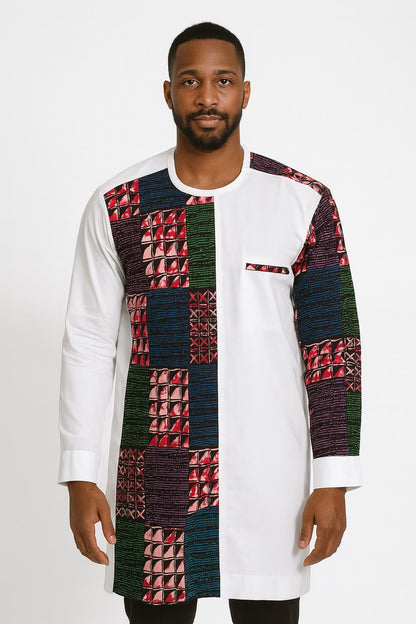 MEN'S White Long Sleeve T-Shirt w/ Multi-Colored Geometric Pattern