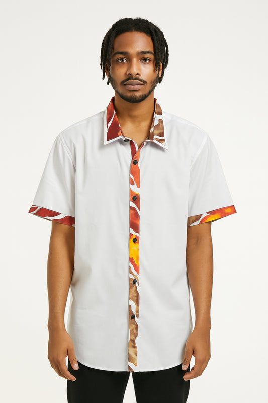 MEN'S White Short Sleeve T-Shirt w/ Warm-Colored Wavy Design