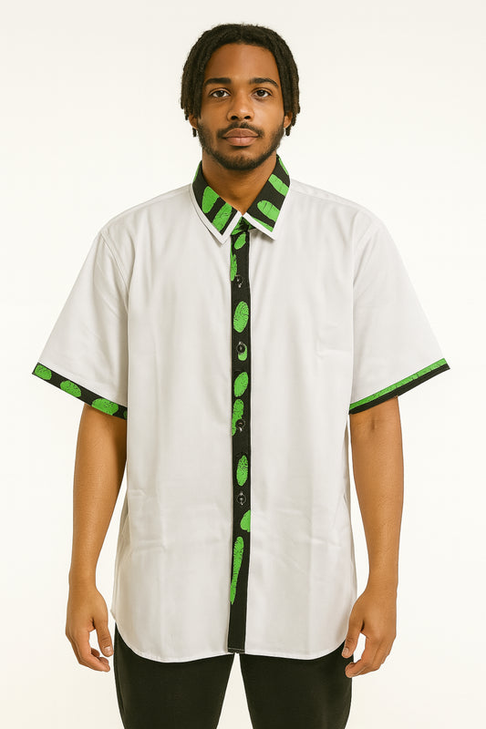MEN'S White Short Sleeve T-Shirt w/ Black & Green Oval Design