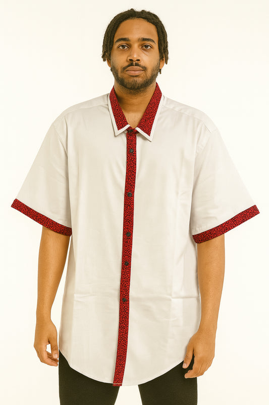 MEN'S White Short Sleeve T-Shirt w/ Red & Black Abstract Design