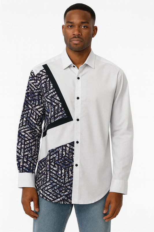 MEN'S White Long Sleeve T-Shirt w/ Black & White Geometric Design