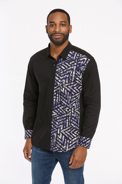 MEN'S Black Long Sleeve T-Shirt w/ Black & White Geometric Design