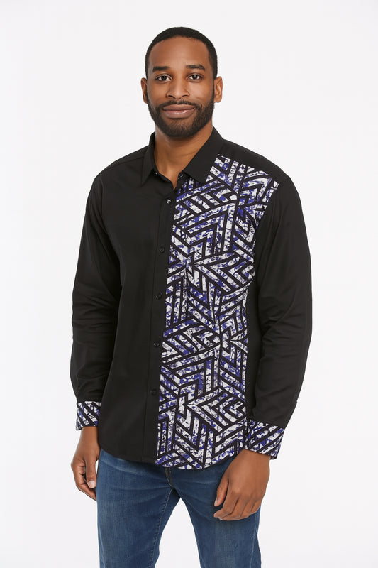 MEN'S Black Long Sleeve T-Shirt w/ Black & White Geometric Design