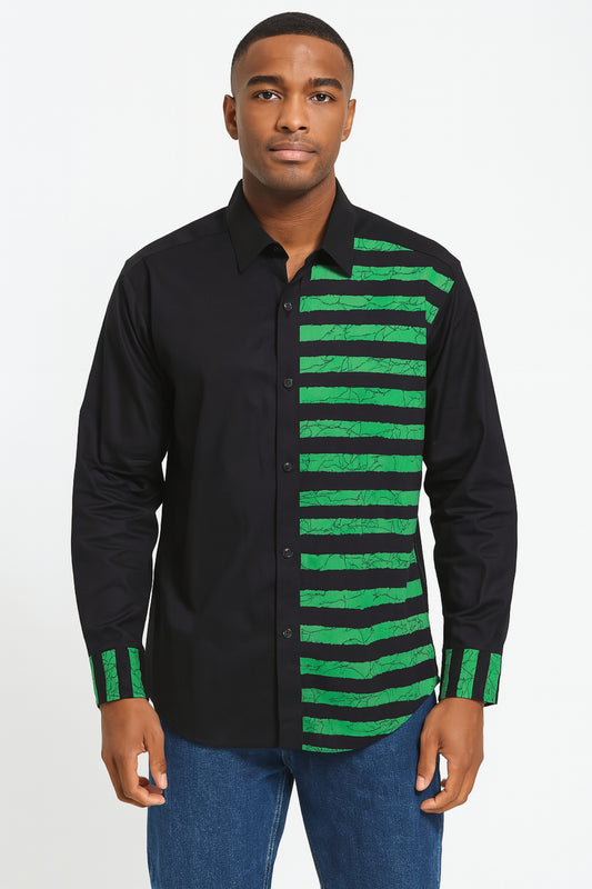 MEN'S Black Long Sleeve T-Shirt w/ Black & Green Striped Design