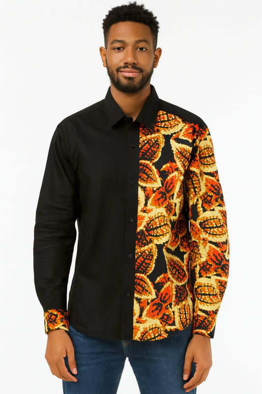 MEN'S Black Long Sleeve T-Shirt w/ Autumn-Colored Leaf Design