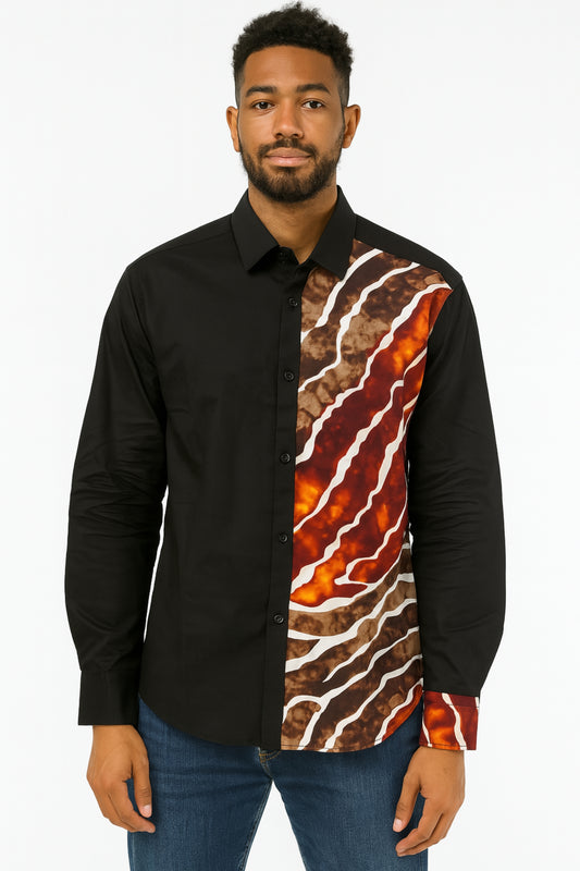 MEN'S Black Long Sleeve T-Shirt w/ Warm-Colored Wavy Design