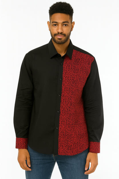 MEN'S Black Long Sleeve T-Shirt w/ Red & Black Abstract Design
