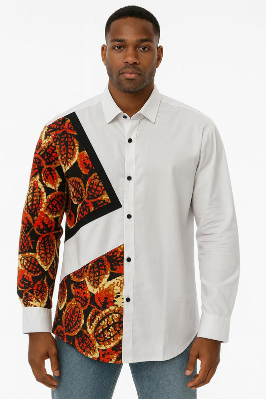 MEN'S White Long Sleeve T-Shirt w/ Autumn-Colored Leaf Design