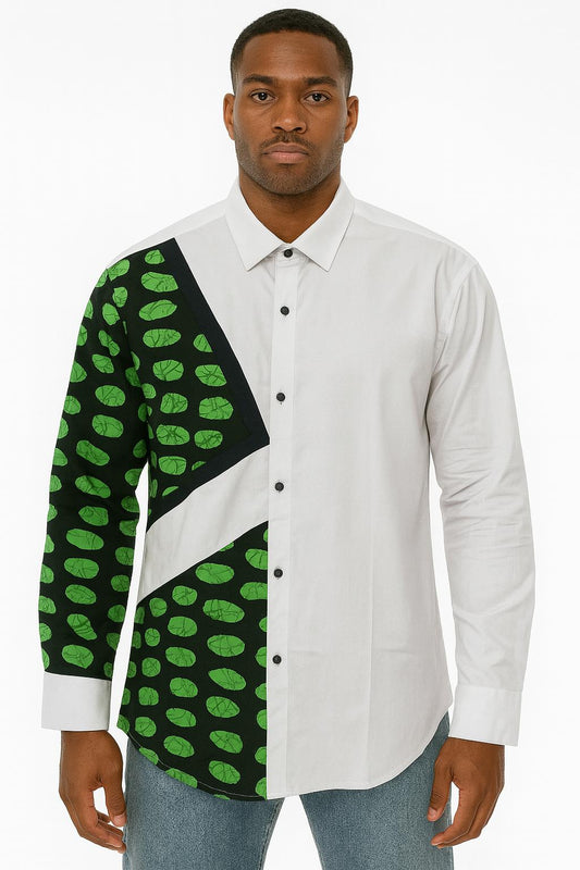 MEN'S White Long Sleeve T-Shirt w/ Black & Green Oval Design