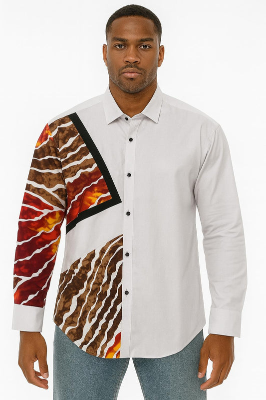 MEN'S White Long Sleeve T-Shirt w/ Warm-Colored Wavy Design