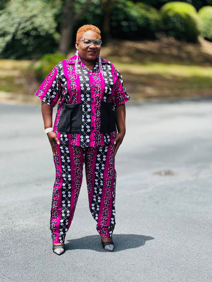 Women's Ankara Pink Patterned 2-Piece Set w/ Front Pockets