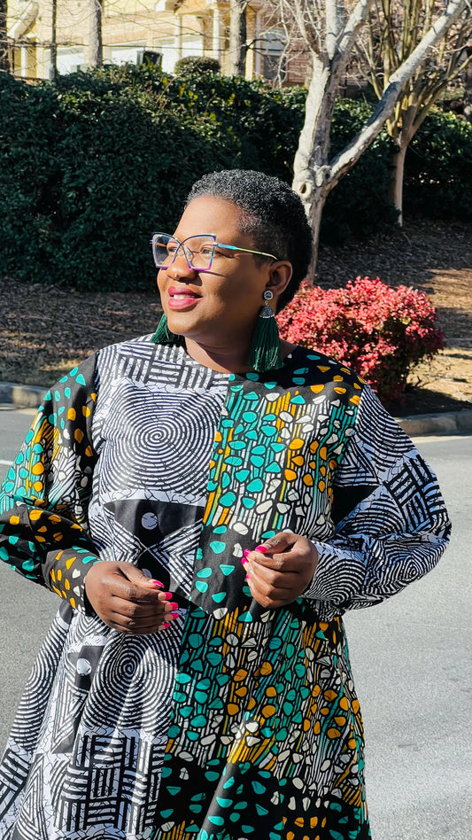 Women's African Style A-Line Dual Fabric Dress | DelightfulCouture