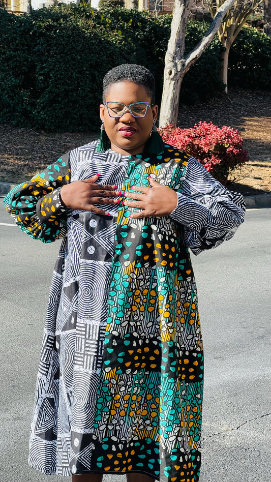 Women's African Style A-Line Dual Fabric Dress | DelightfulCouture