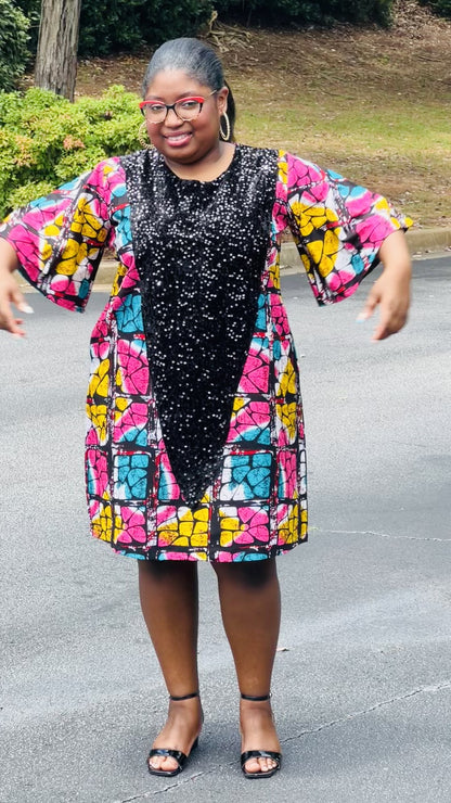 Women's Ankara Multi-Colored Blocky Pattern Dress w/ Front Pockets