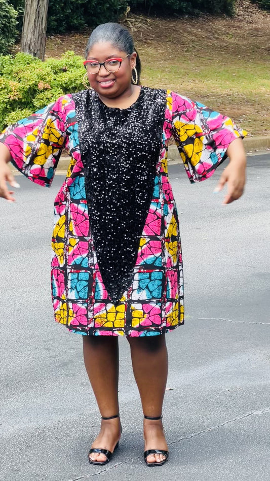 Women's Ankara Multi-Colored Blocky Pattern Dress w/ Front Pockets