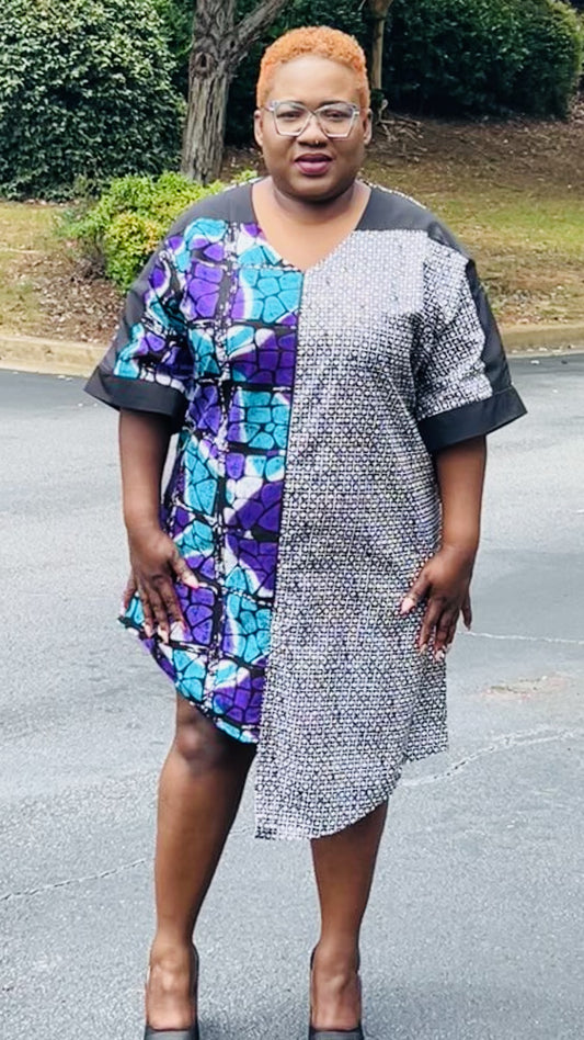 Women's Ankara Geometric/Abstract Patterned Dress w/ Front Pockets