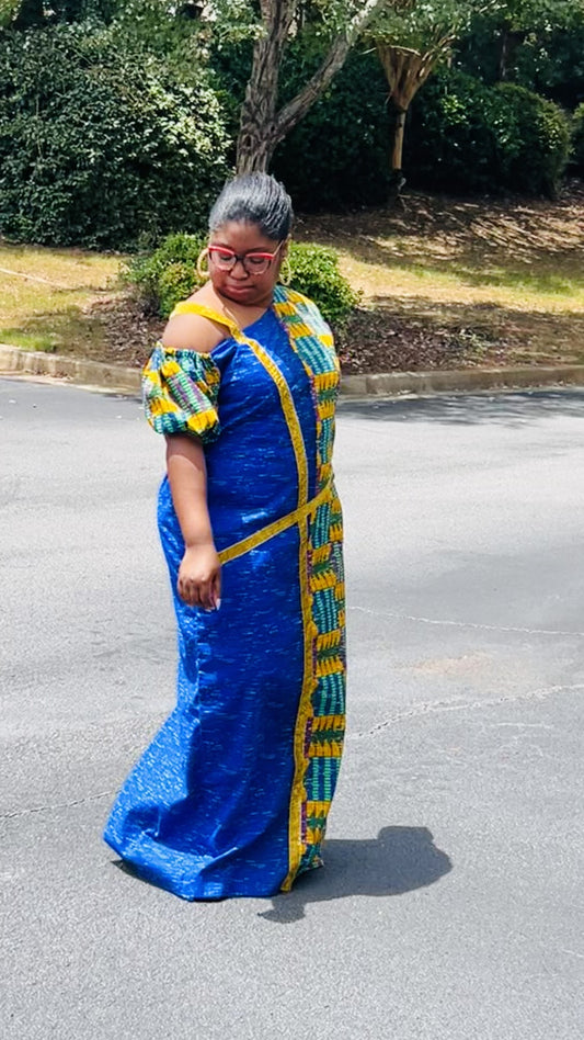 Women's Ankara Blue & Yellow Abstract Patterned Dress w/ Short Sleeves