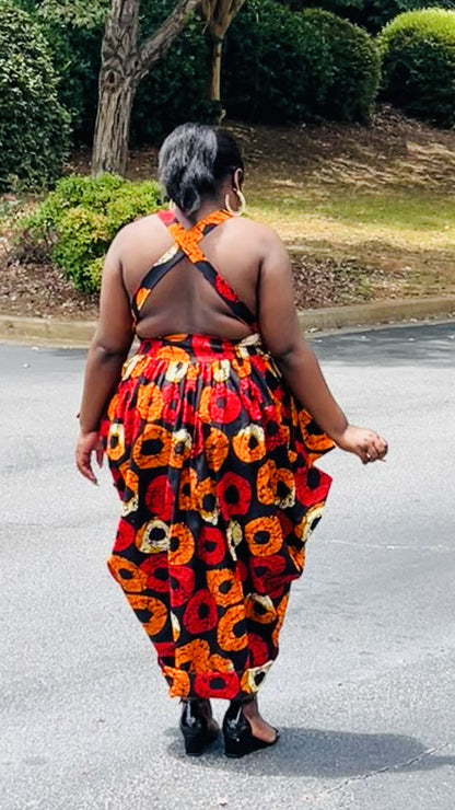 Women's Ankara Warm-Colored Ring Design Blouse w/ Shoulder Straps