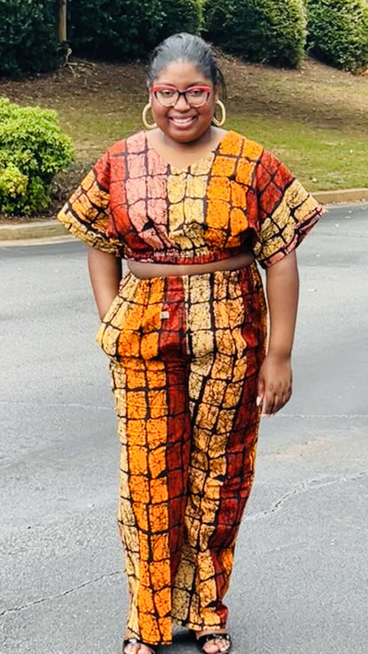 Women's Ankara Warm-Colored Abstract 2-Piece Set w/ Short Sleeves