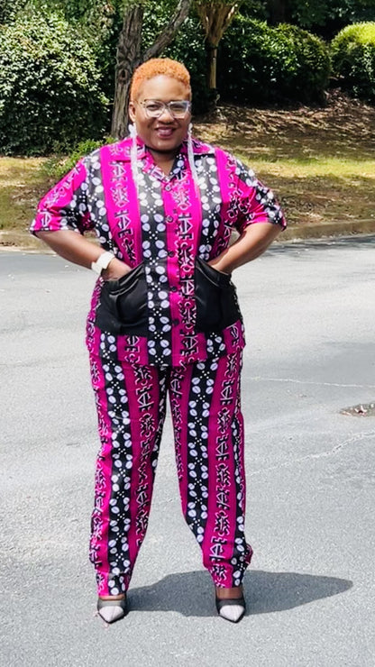 Women's Ankara Pink Patterned 2-Piece Set w/ Front Pockets