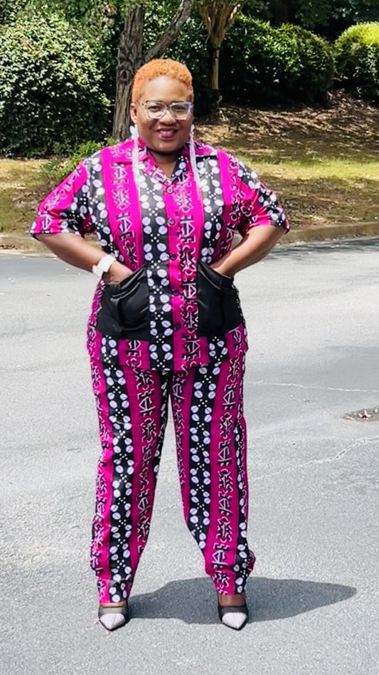 Women's Ankara Pink Patterned 2-Piece Set w/ Front Pockets