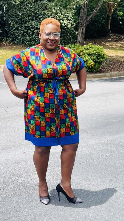 Women's Ankara Multi-Colored Tiled Pattern Dress w/ Front Pockets