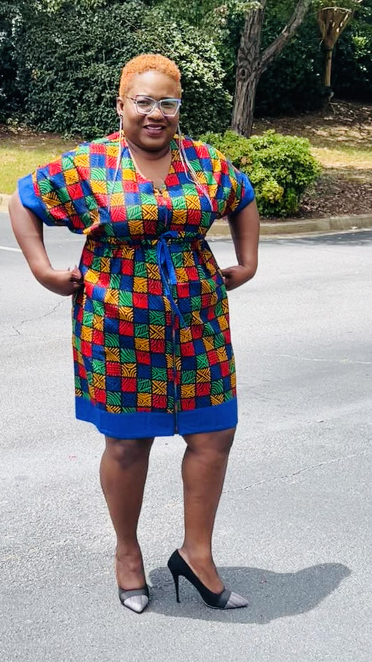 Women's Ankara Multi-Colored Tiled Pattern Dress w/ Front Pockets
