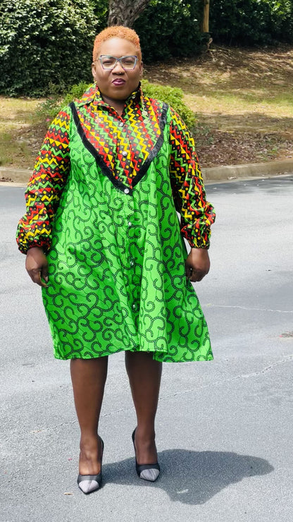 Women's Ankara Multi-Colored Pattern Dress w/ Front Pockets