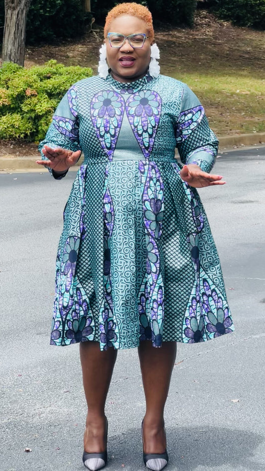 LIMITED EDITION Glitter Ankara Blue+Purple Ocean-Styled Women's Dress w/ Front Pockets