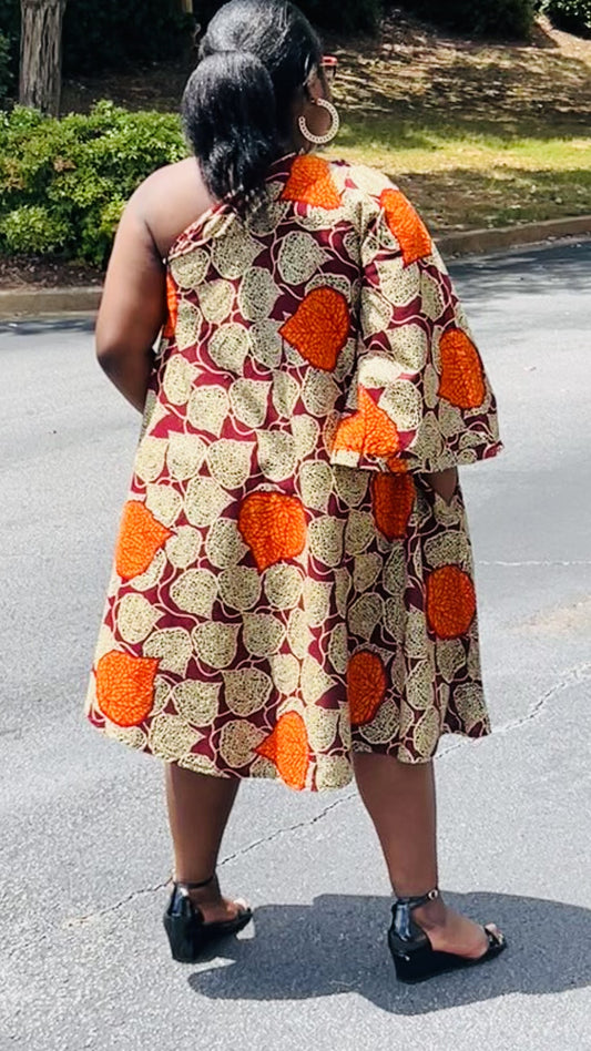 Women's Ankara Red & Bright Orange Leaf Design Dress w/ Short Sleeves