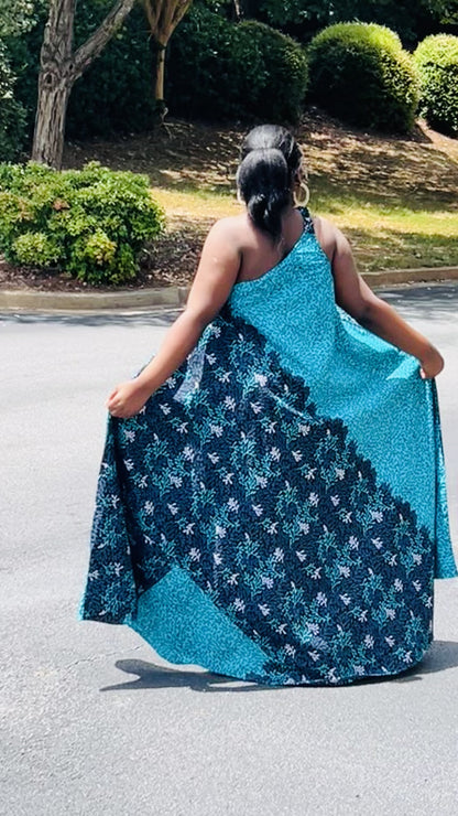 Women's Ankara Turquoise Floral Design Dress w/ Sleeveless Shoulders