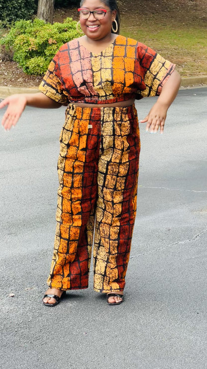 Women's Ankara Warm-Colored Abstract 2-Piece Set w/ Short Sleeves